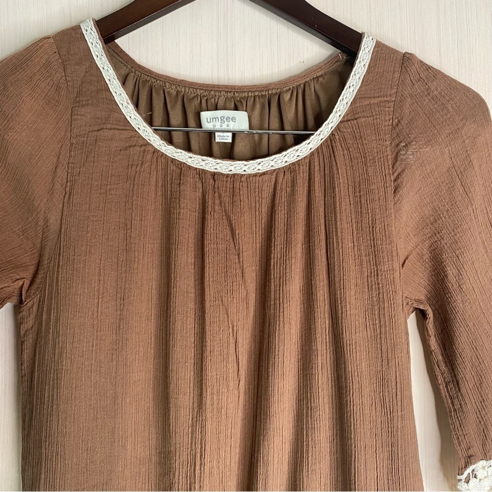 Umgee Women’s Brown Dress Ivory Crochet Trim Round Neck Boho Lined Size Small - Picture 3 of 8